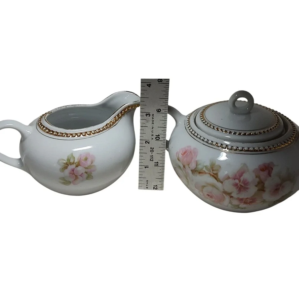 Antique PK Silesia Creamer and Covered Sugar Bowl Floral Rose Gold‎ Trim Poland